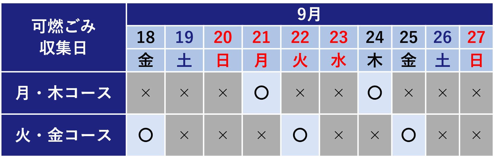 令和8年度シルバーウィーク期間の可燃ごみ収集日程表
