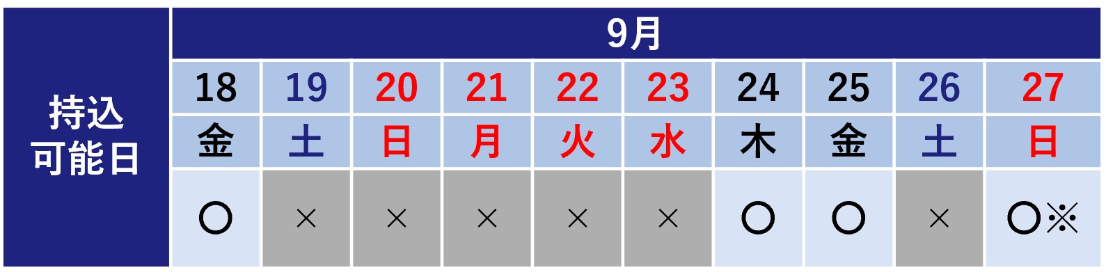 令和8年度シルバーウィーク期間の持ち込み可能日