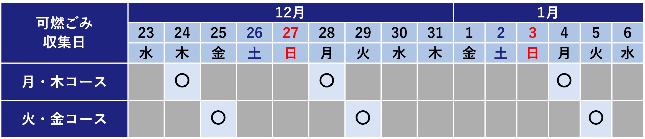 令和8年度年末年始の可燃ごみ収集日程表
